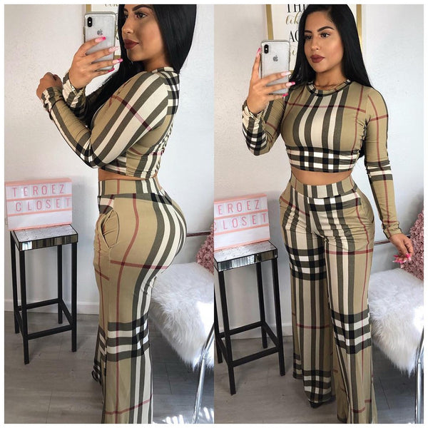 Y5057 new product   wish European and American women's clothing wholesale personalized plaid printing casual two-piece set