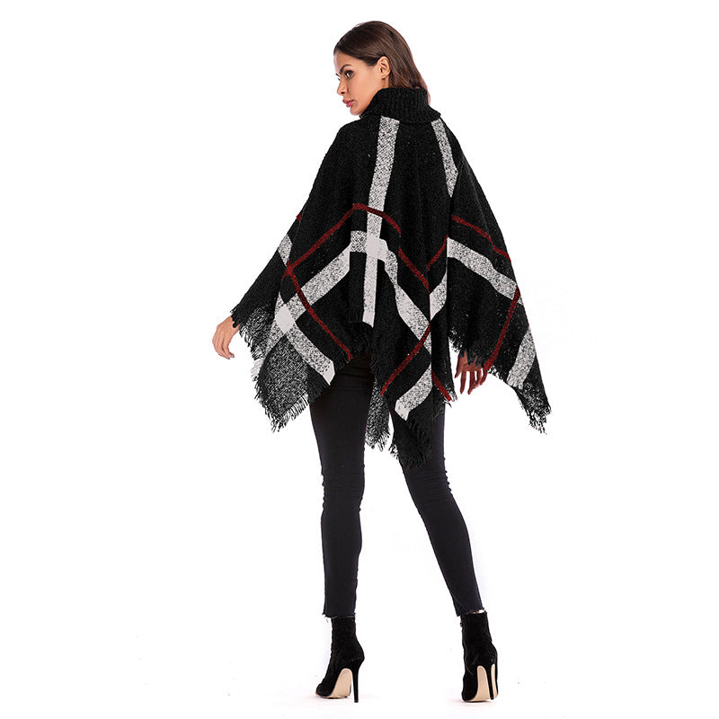 Europe and the United States autumn irregular plaid fringed turtleneck cape long sleeve knitted cape shawl women