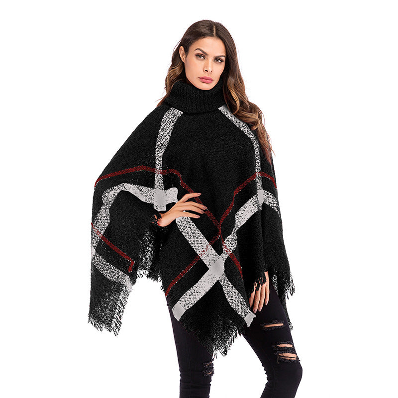 Europe and the United States autumn irregular plaid fringed turtleneck cape long sleeve knitted cape shawl women