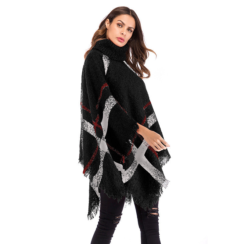 Europe and the United States autumn irregular plaid fringed turtleneck cape long sleeve knitted cape shawl women