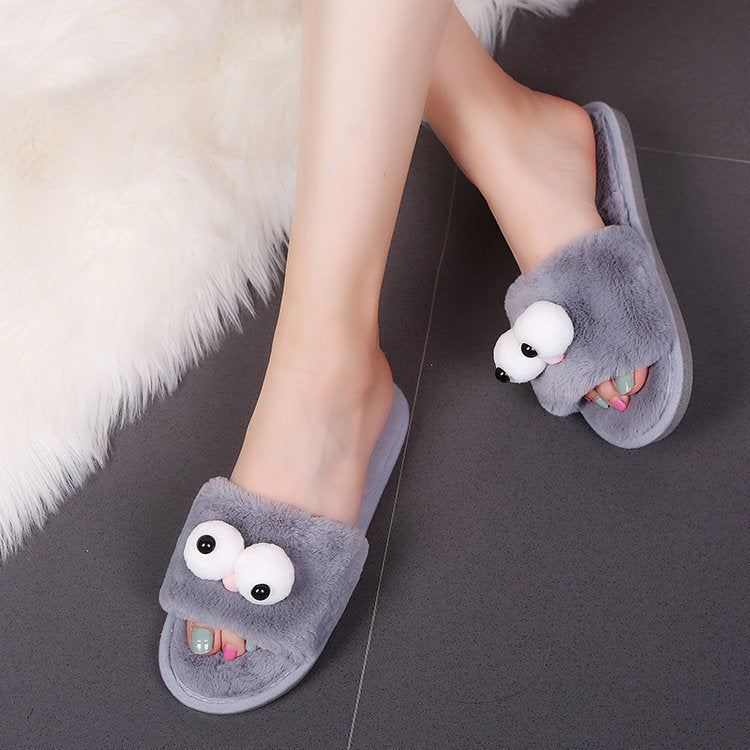 Dropshipping autumn/winter new arrivals: cute big-eyed plush slippers, fuzzy thong sandals, flat soft sole outdoor wearable slippers for women