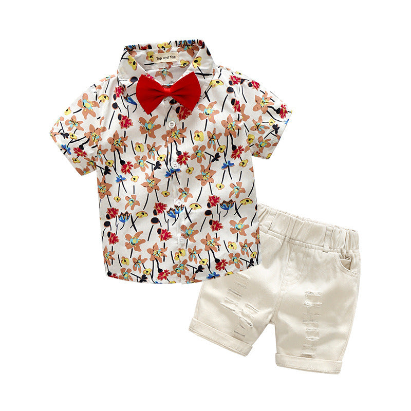 Amazon boys' fashion: printed short-sleeve shirt & distressed shorts two-piece set - wholesale kids' clothing for toddlers and young children