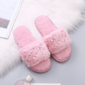 2024 fall/winter new fuzzy slippers - stylish pearl embellished flat slides, warm home cotton slippers for women - dropshipping available
