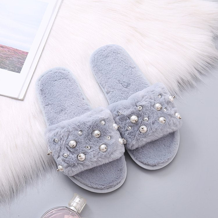 2024 fall/winter new fuzzy slippers - stylish pearl embellished flat slides, warm home cotton slippers for women - dropshipping available
