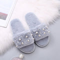 2024 fall/winter new fuzzy slippers - stylish pearl embellished flat slides, warm home cotton slippers for women - dropshipping available