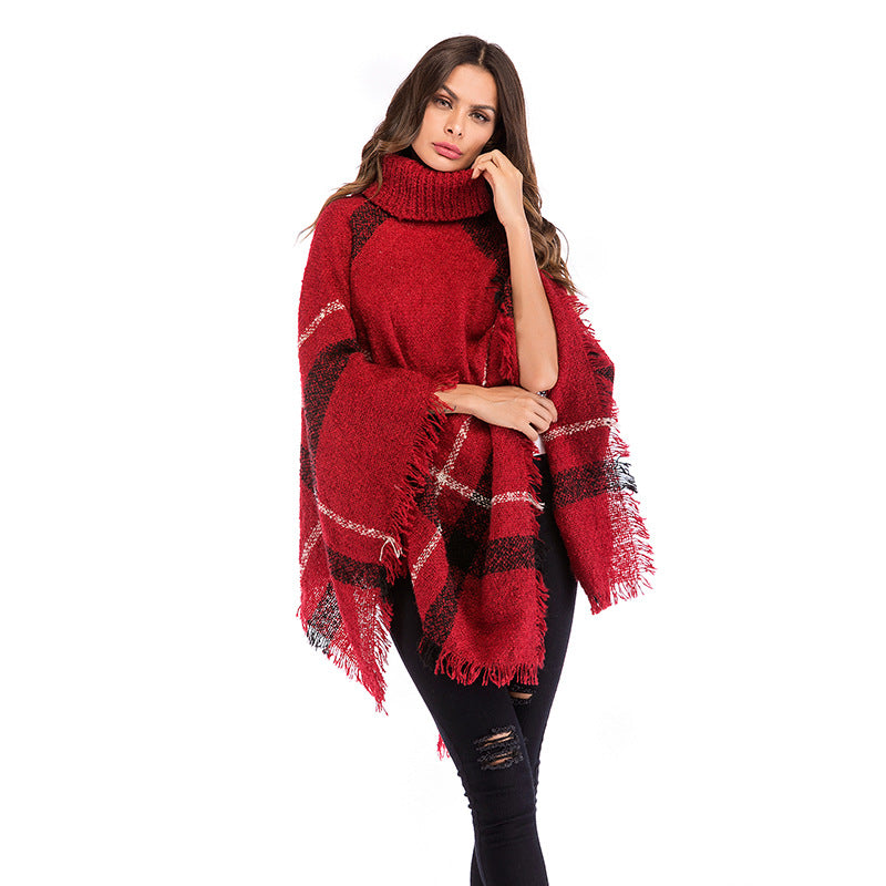 Europe and the United States autumn irregular plaid fringed turtleneck cape long sleeve knitted cape shawl women
