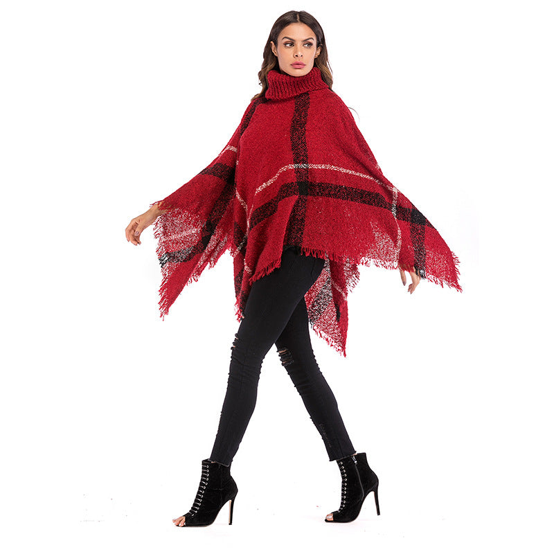 Europe and the United States autumn irregular plaid fringed turtleneck cape long sleeve knitted cape shawl women