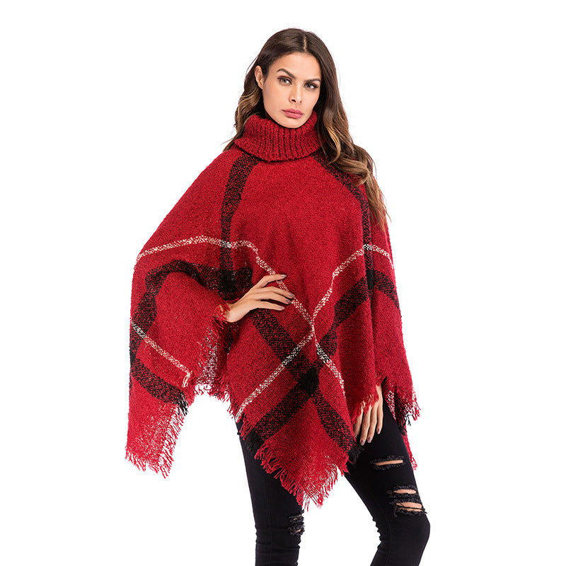 Europe and the United States autumn irregular plaid fringed turtleneck cape long sleeve knitted cape shawl women
