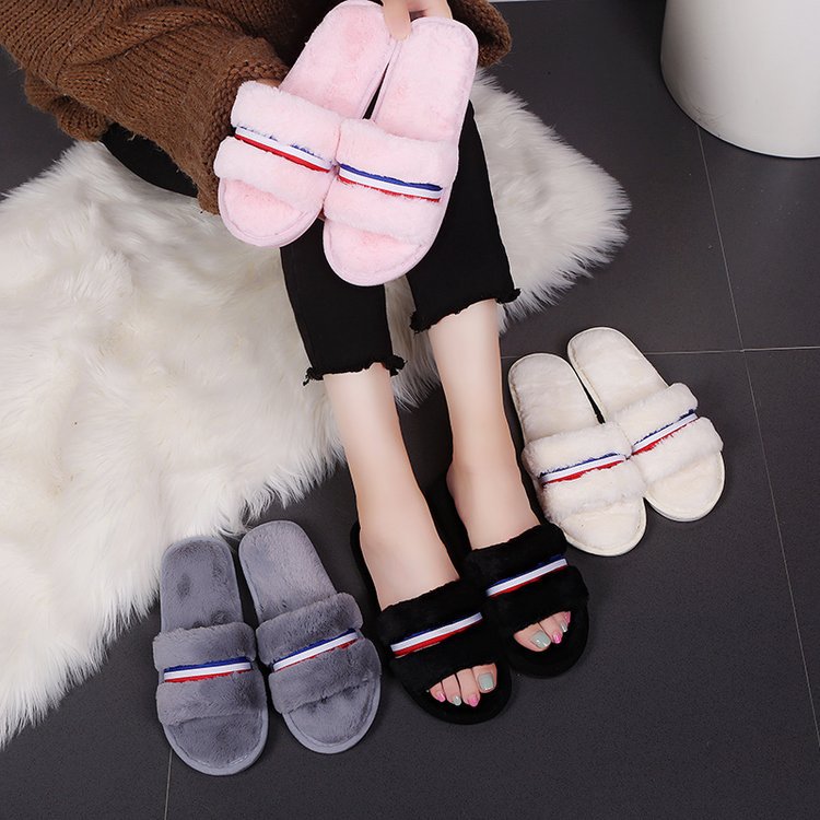 New women's open-toe fuzzy slippers - perfect for fall/winter indoor wear, flat floor slides, home comfort, and postpartum recovery