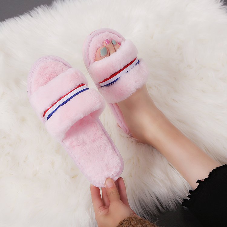 New women's open-toe fuzzy slippers - perfect for fall/winter indoor wear, flat floor slides, home comfort, and postpartum recovery
