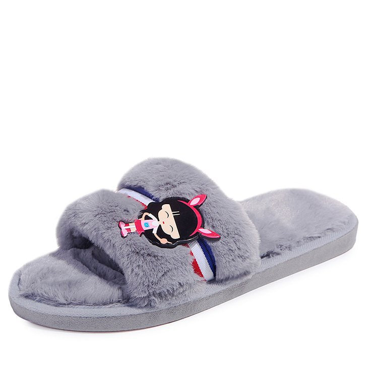 2024 faux rabbit fur slippers, indoor flat diy cotton shoes, winter home cartoon floor slides, women's in-stock