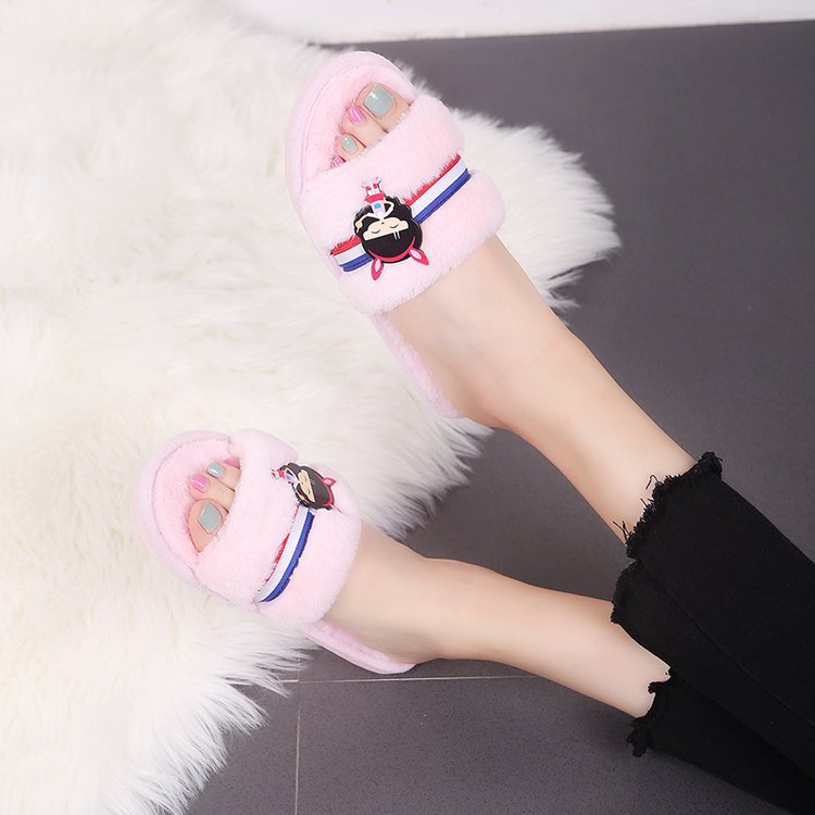 2024 faux rabbit fur slippers, indoor flat diy cotton shoes, winter home cartoon floor slides, women's in-stock