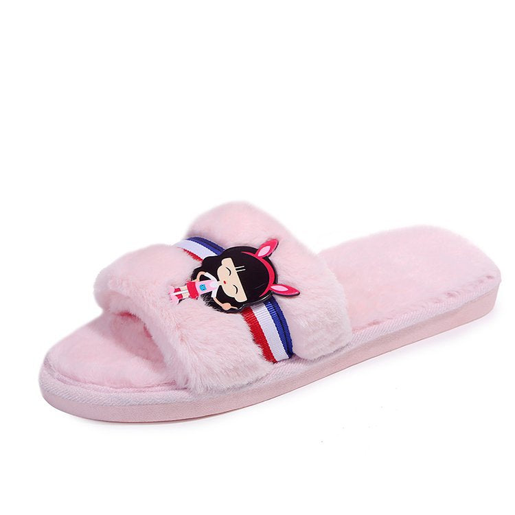 2024 faux rabbit fur slippers, indoor flat diy cotton shoes, winter home cartoon floor slides, women's in-stock