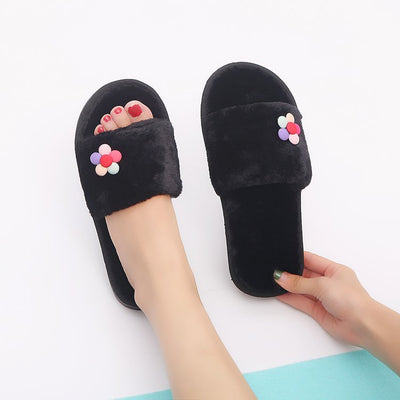 2024 korean style winter cotton slippers - small floral design, flat, one-strap, warm fuzzy slippers for home indoor/outdoor use - direct from the manufacturer