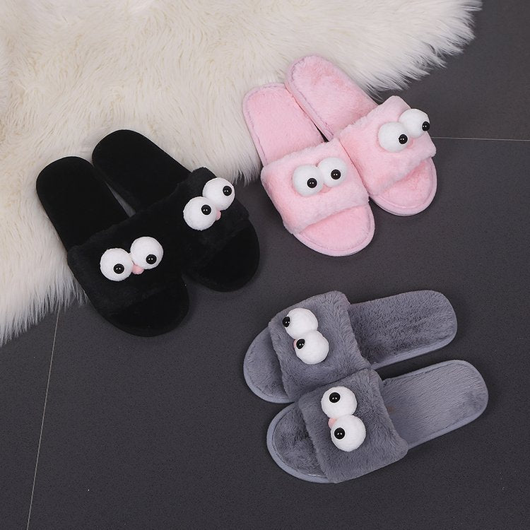 Dropshipping autumn/winter new arrivals: cute big-eyed plush slippers, fuzzy thong sandals, flat soft sole outdoor wearable slippers for women