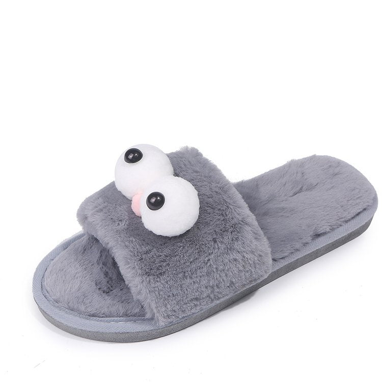 Dropshipping autumn/winter new arrivals: cute big-eyed plush slippers, fuzzy thong sandals, flat soft sole outdoor wearable slippers for women