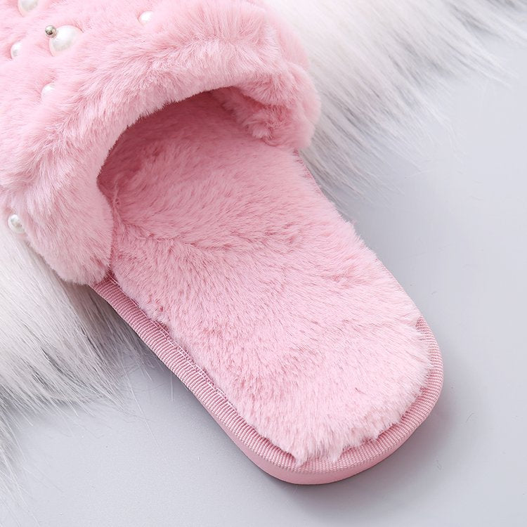 2024 fall/winter new fuzzy slippers - stylish pearl embellished flat slides, warm home cotton slippers for women - dropshipping available