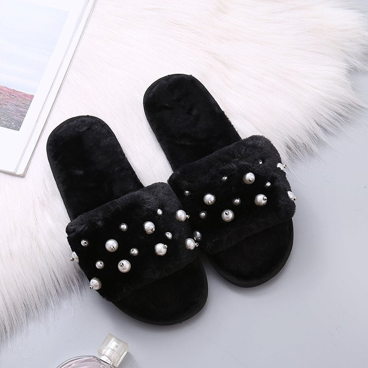 2024 fall/winter new fuzzy slippers - stylish pearl embellished flat slides, warm home cotton slippers for women - dropshipping available
