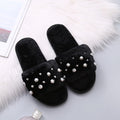 2024 fall/winter new fuzzy slippers - stylish pearl embellished flat slides, warm home cotton slippers for women - dropshipping available