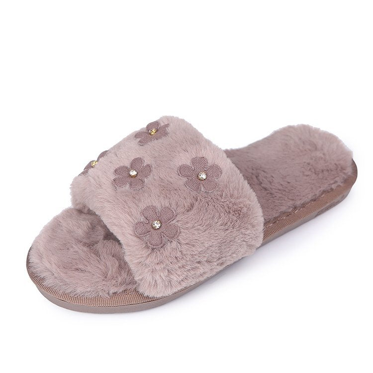 2024 new korean style outdoor slippers fashion warm flower rhinestone open toe flat furry slippers women's flip-flops