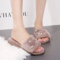2024 new korean style outdoor slippers fashion warm flower rhinestone open toe flat furry slippers women's flip-flops