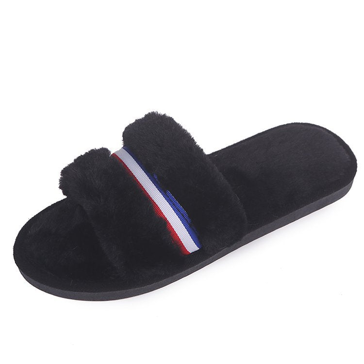 New women's open-toe fuzzy slippers - perfect for fall/winter indoor wear, flat floor slides, home comfort, and postpartum recovery
