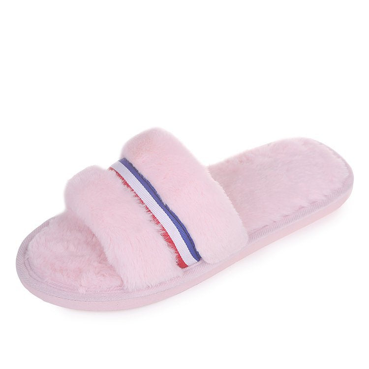 New women's open-toe fuzzy slippers - perfect for fall/winter indoor wear, flat floor slides, home comfort, and postpartum recovery