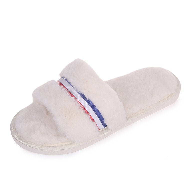 New women's open-toe fuzzy slippers - perfect for fall/winter indoor wear, flat floor slides, home comfort, and postpartum recovery