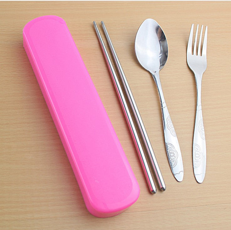 Creative stainless steel portable cutlery set - korean style student cute chopsticks, fork, and spoon set with travel case