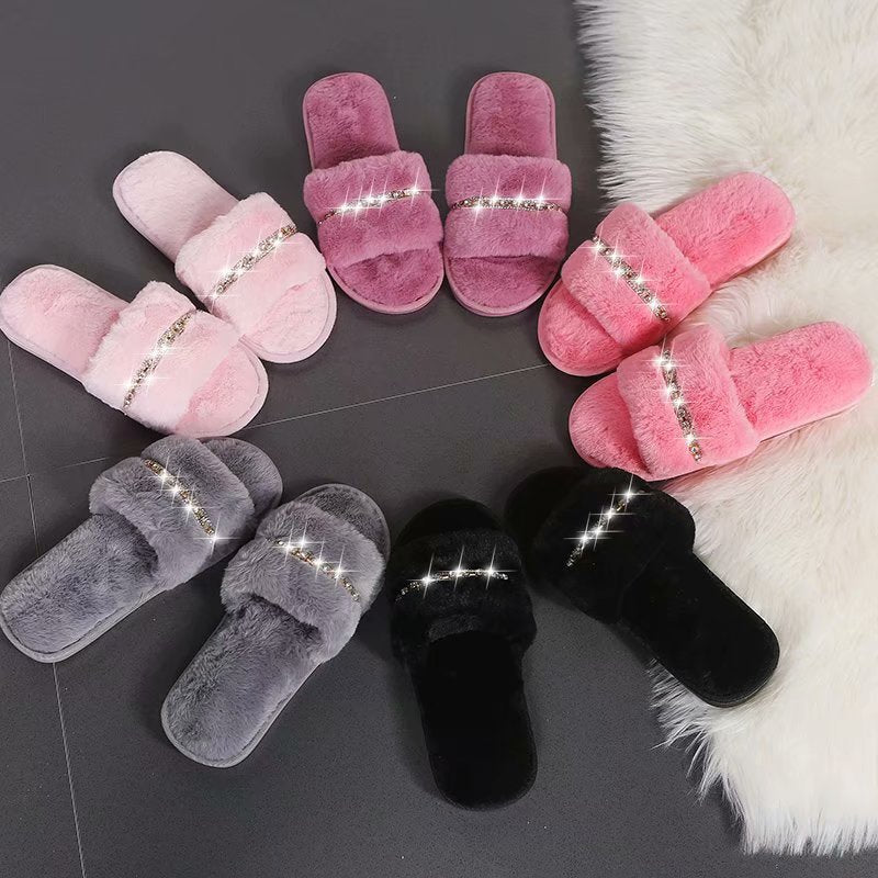 Rihanna-inspired 2025 new autumn/winter fuzzy flat heel thong sandals - fashion rhinestone chain plush slippers for women