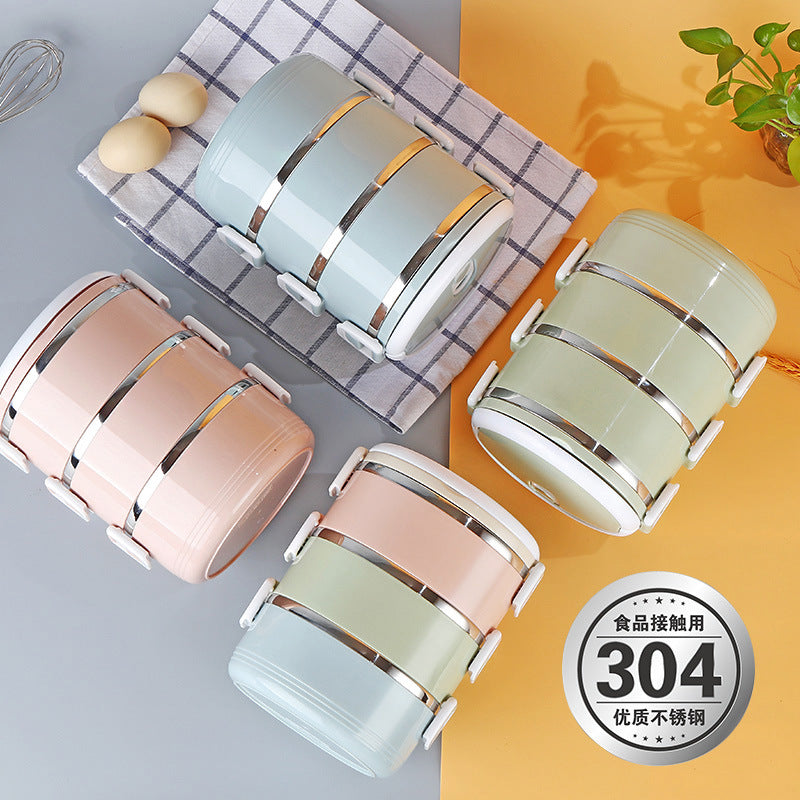 304 stainless steel insulated lunch box - round food container, double-layer rectangular student meal box, bento box with logo option