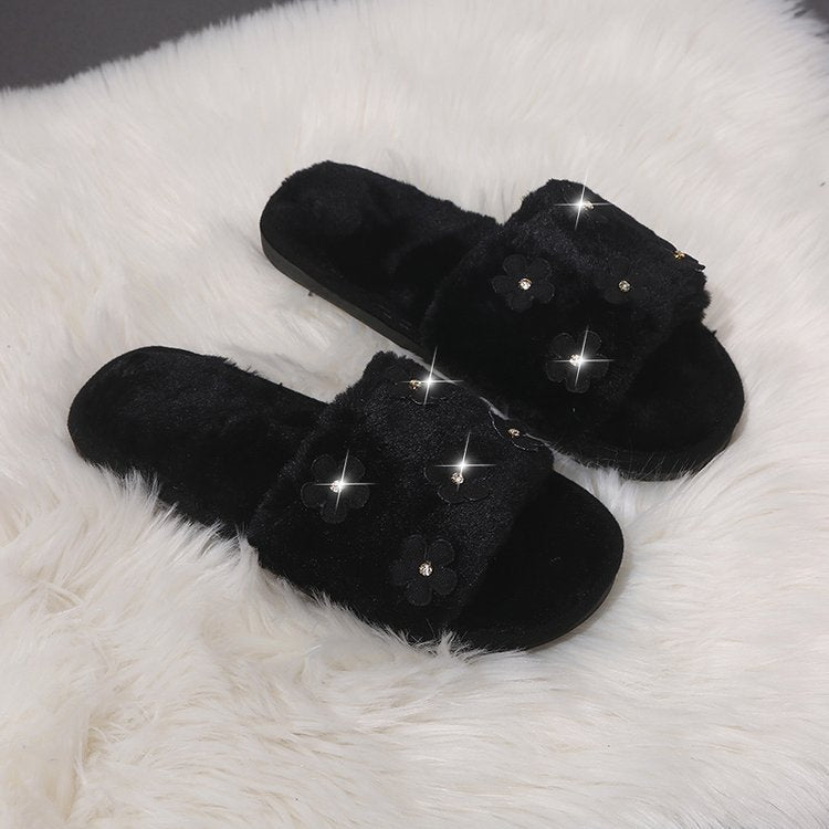2024 new korean style outdoor slippers fashion warm flower rhinestone open toe flat furry slippers women's flip-flops