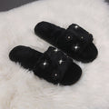 2024 new korean style outdoor slippers fashion warm flower rhinestone open toe flat furry slippers women's flip-flops