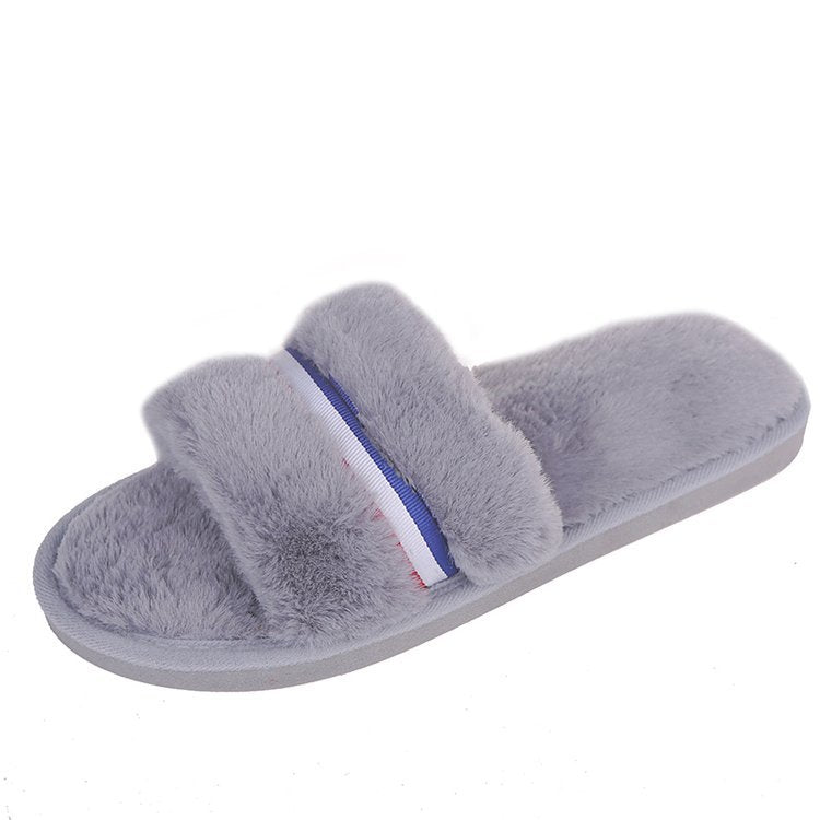 New women's open-toe fuzzy slippers - perfect for fall/winter indoor wear, flat floor slides, home comfort, and postpartum recovery