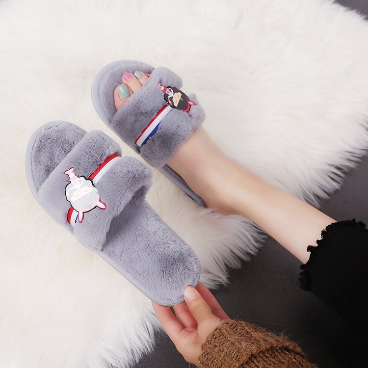 2024 faux rabbit fur slippers, indoor flat diy cotton shoes, winter home cartoon floor slides, women's in-stock