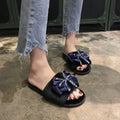 Fuzzy slippers with bow for women, new korean style fashionable outdoor one-strap flat slippers for autumn/winter 2024, home slippers