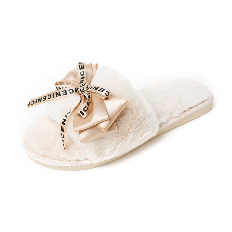 Fuzzy slippers with bow for women, new korean style fashionable outdoor one-strap flat slippers for autumn/winter 2024, home slippers