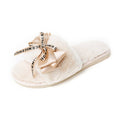 Fuzzy slippers with bow for women, new korean style fashionable outdoor one-strap flat slippers for autumn/winter 2024, home slippers