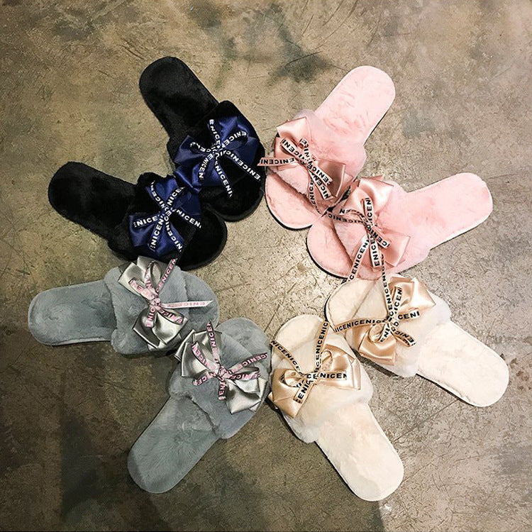 Fuzzy slippers with bow for women, new korean style fashionable outdoor one-strap flat slippers for autumn/winter 2024, home slippers