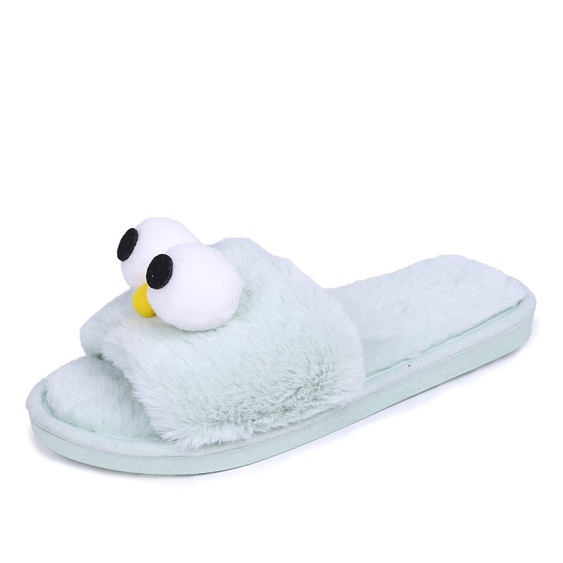 Dropshipping autumn/winter new arrivals: cute big-eyed plush slippers, fuzzy thong sandals, flat soft sole outdoor wearable slippers for women