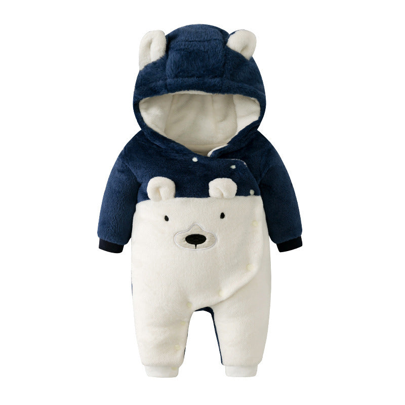 Autumn and winter baby onesie, double-layered and thickened, hooded bear design, baby romper, trendy instagram-style crawler suit, 6-month children's clothing wholesale