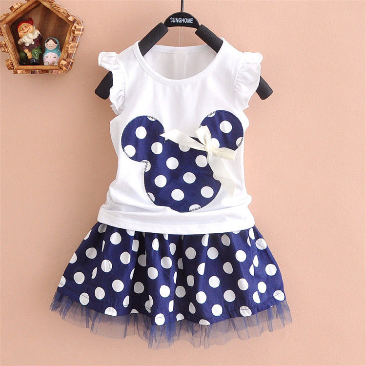 Girls' new mickey mouse head polka dot outfit - available in 5 sizes - dropshipping available - short sleeve t-shirt + skirt 2-piece set