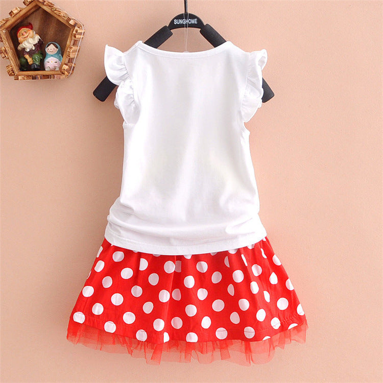 Girls' new mickey mouse head polka dot outfit - available in 5 sizes - dropshipping available - short sleeve t-shirt + skirt 2-piece set