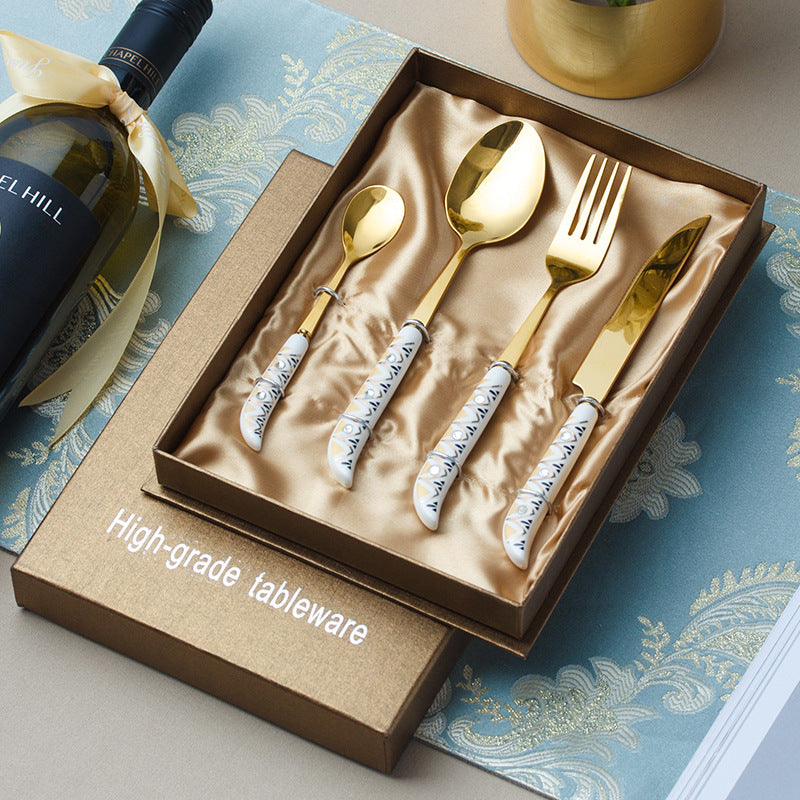 Hepburn style ceramic handle stainless steel tableware steak knife fork spoon tableware suit titanium stainless steel spoon gift