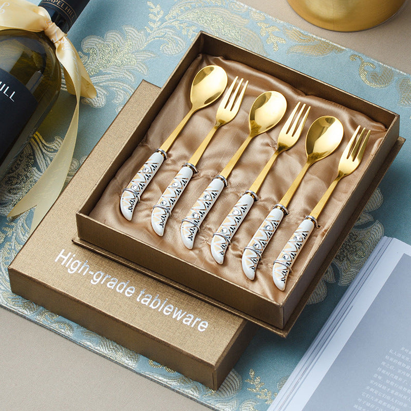 Hepburn style ceramic handle stainless steel tableware steak knife fork spoon tableware suit titanium stainless steel spoon gift