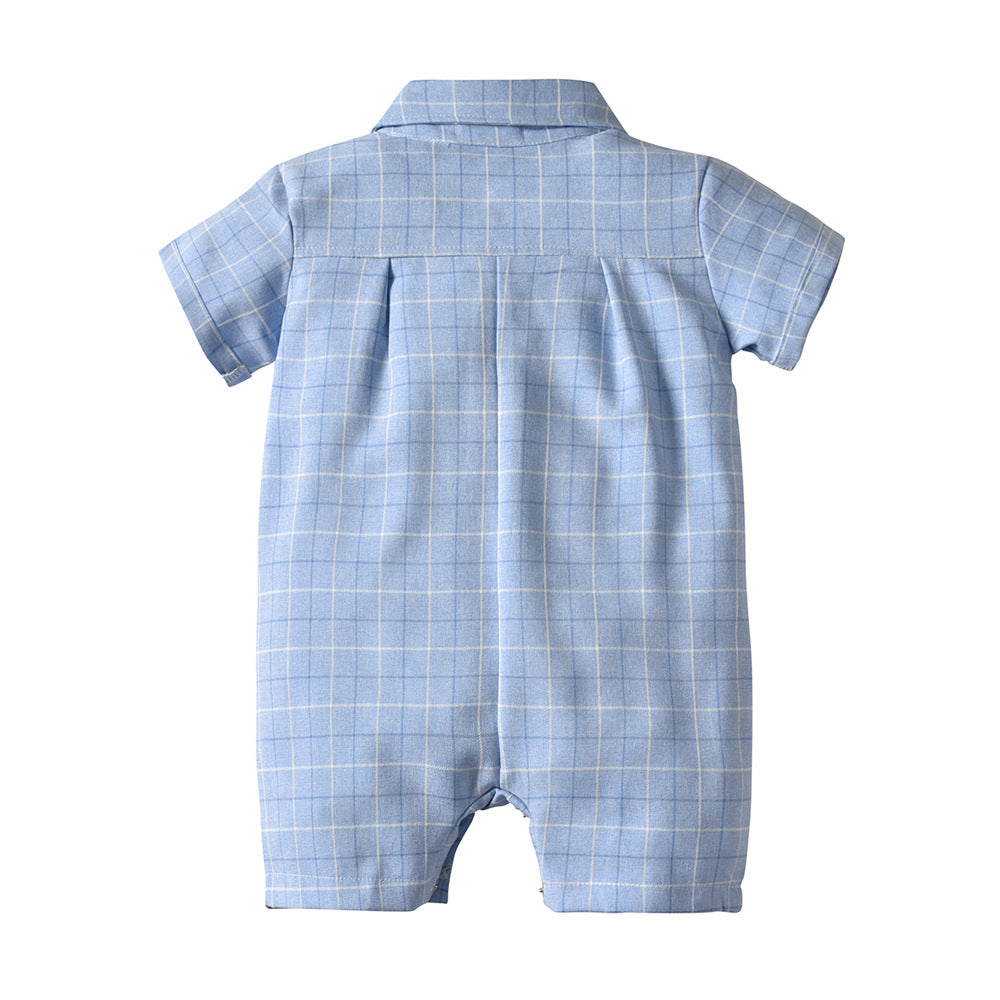 New summer collection: plaid short-sleeve cotton baby romper - two-tone design, perfect for outdoor adventures and easy to match