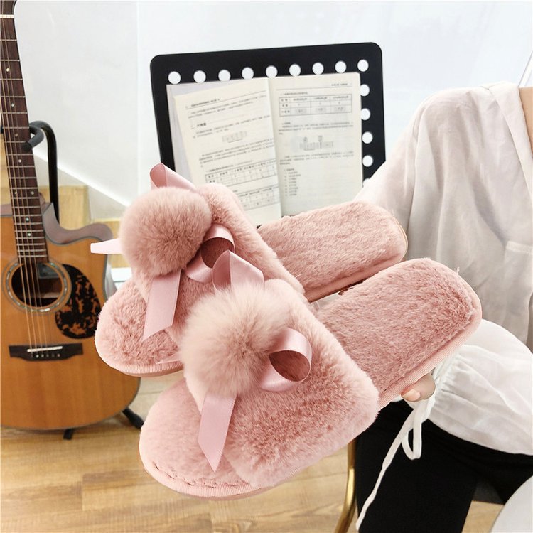 2024 autumn/winter new women's cotton slippers: round toe, open toe, fleece-lined, extra thick, bow accent, real fur pom-pom slippers for women
