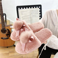 2024 autumn/winter new women's cotton slippers: round toe, open toe, fleece-lined, extra thick, bow accent, real fur pom-pom slippers for women
