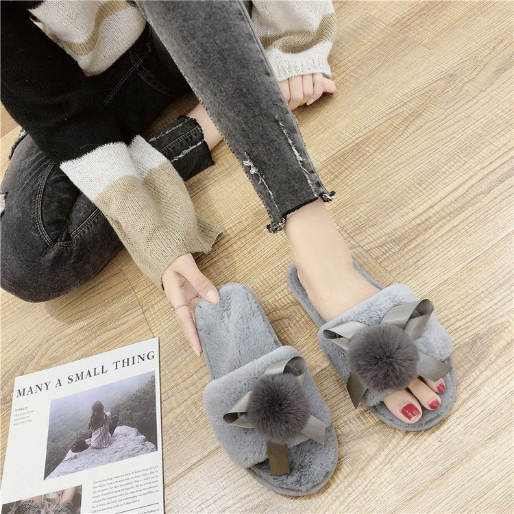 2024 autumn/winter new women's cotton slippers: round toe, open toe, fleece-lined, extra thick, bow accent, real fur pom-pom slippers for women