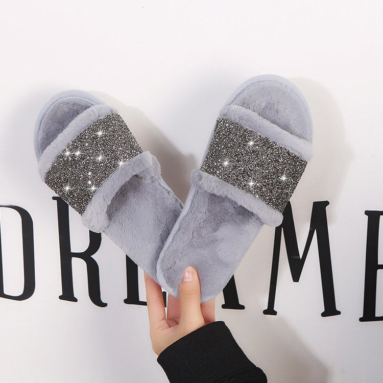 2024 fall/winter new open-toe slippers rhinestone warm women's fuzzy slippers european and american trendy street style cotton slippers wholesale